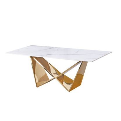 Design-Couchtisch CENTO Rechteckiger Wohnzimmertisch in Marmor-Optik mit geometrischem Edelstahl-Gestell (130 x 70 cm) Gold