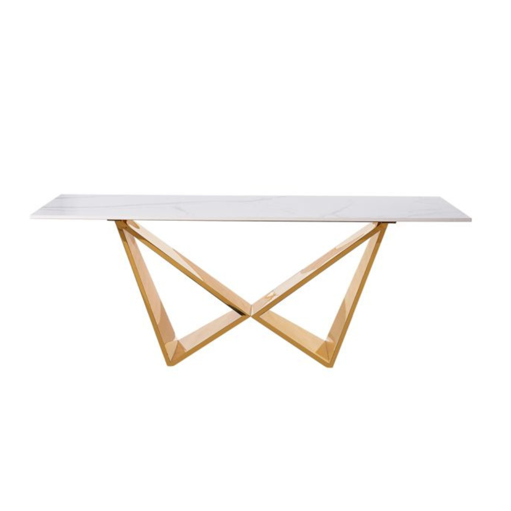 Design-Couchtisch CENTO Rechteckiger Wohnzimmertisch in Marmor-Optik mit geometrischem Edelstahl-Gestell (130 x 70 cm) Gold