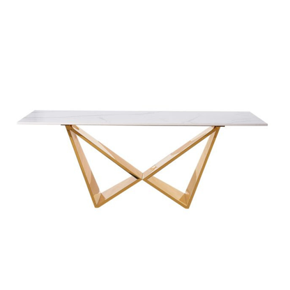 Design-Couchtisch CENTO Rechteckiger Wohnzimmertisch in Marmor-Optik mit geometrischem Edelstahl-Gestell (130 x 70 cm) Gold
