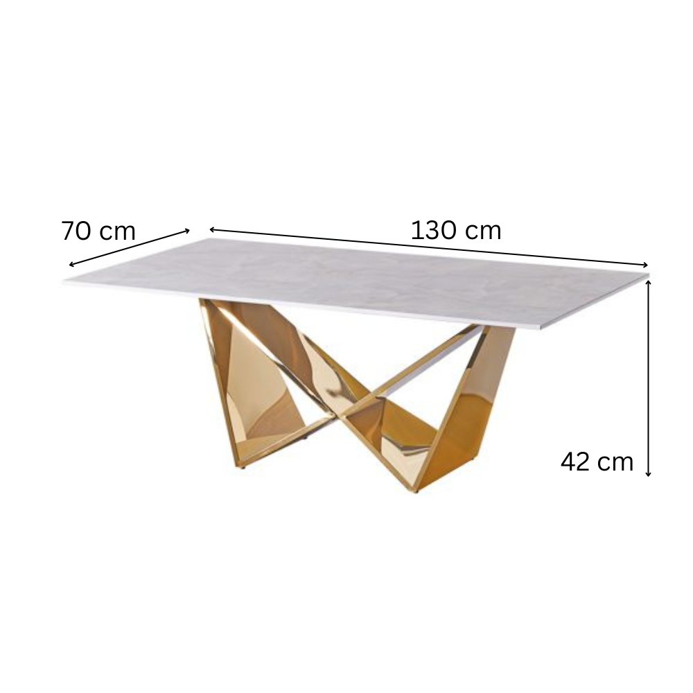 Design-Couchtisch CENTO Rechteckiger Wohnzimmertisch in Marmor-Optik mit geometrischem Edelstahl-Gestell (130 x 70 cm)