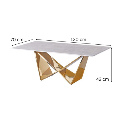 Design-Couchtisch CENTO Rechteckiger Wohnzimmertisch in Marmor-Optik mit geometrischem Edelstahl-Gestell (130 x 70 cm)