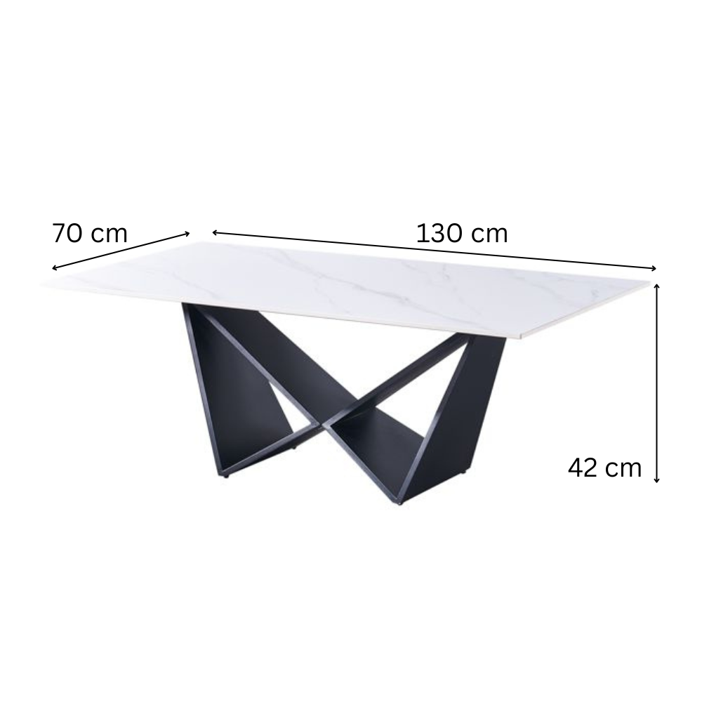 Design-Couchtisch CENTO Rechteckiger Wohnzimmertisch in Marmor-Optik mit geometrischem Edelstahl-Gestell (130 x 70 cm) Schwarz