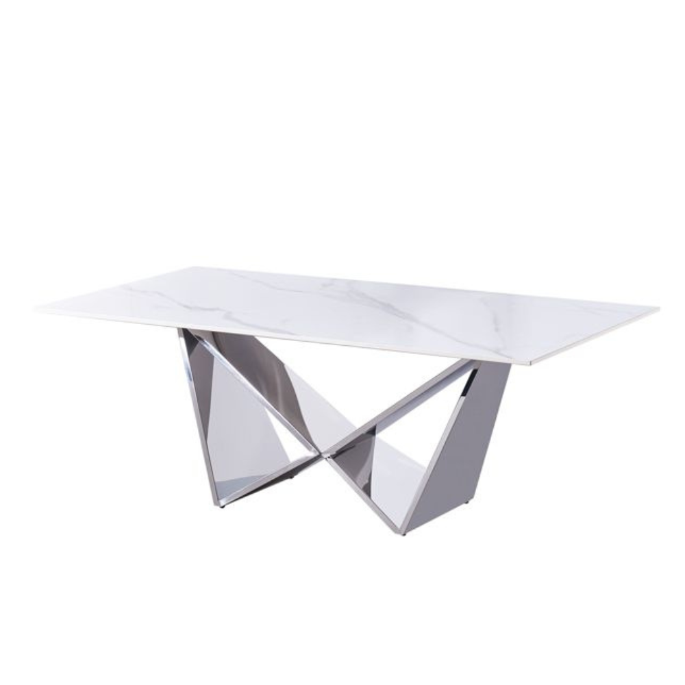 Design-Couchtisch CENTO Rechteckiger Wohnzimmertisch in Marmor-Optik mit geometrischem Edelstahl-Gestell (130 x 70 cm) Silber