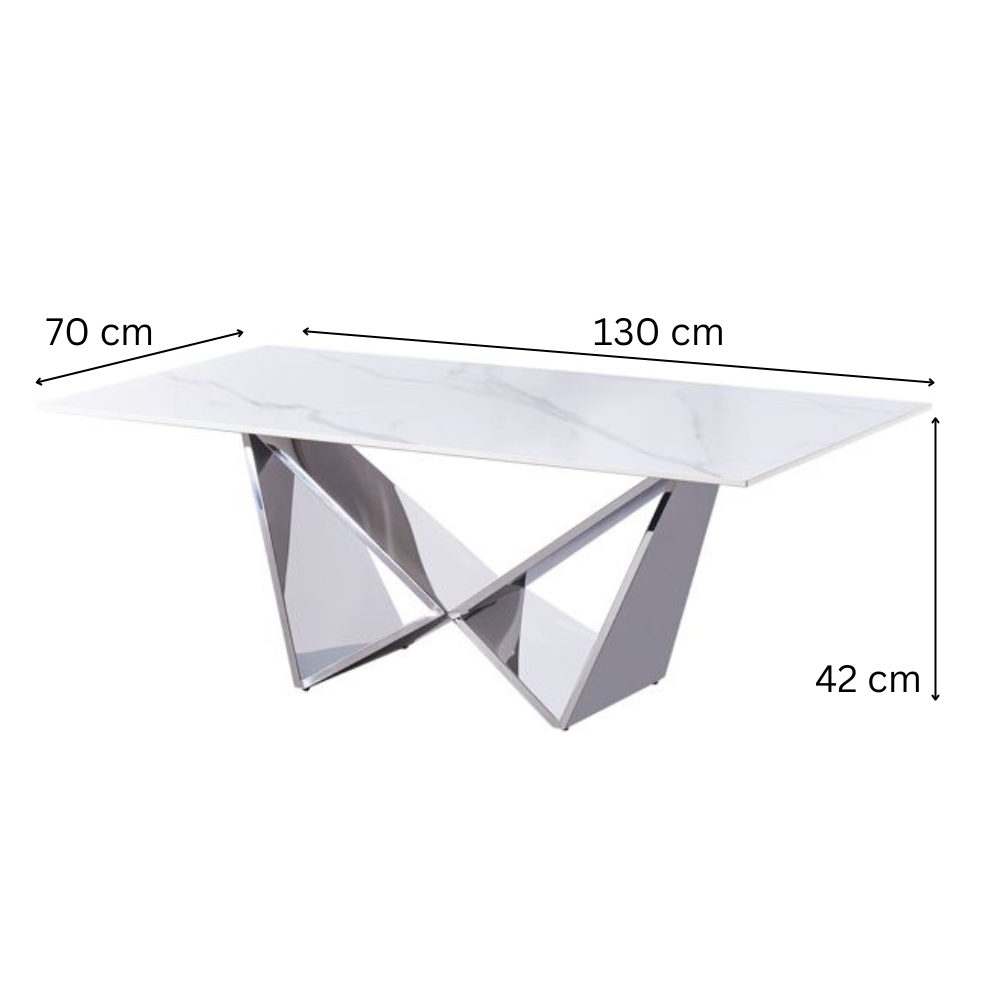 Design-Couchtisch CENTO Rechteckiger Wohnzimmertisch in Marmor-Optik mit geometrischem Edelstahl-Gestell (130 x 70 cm) Silber