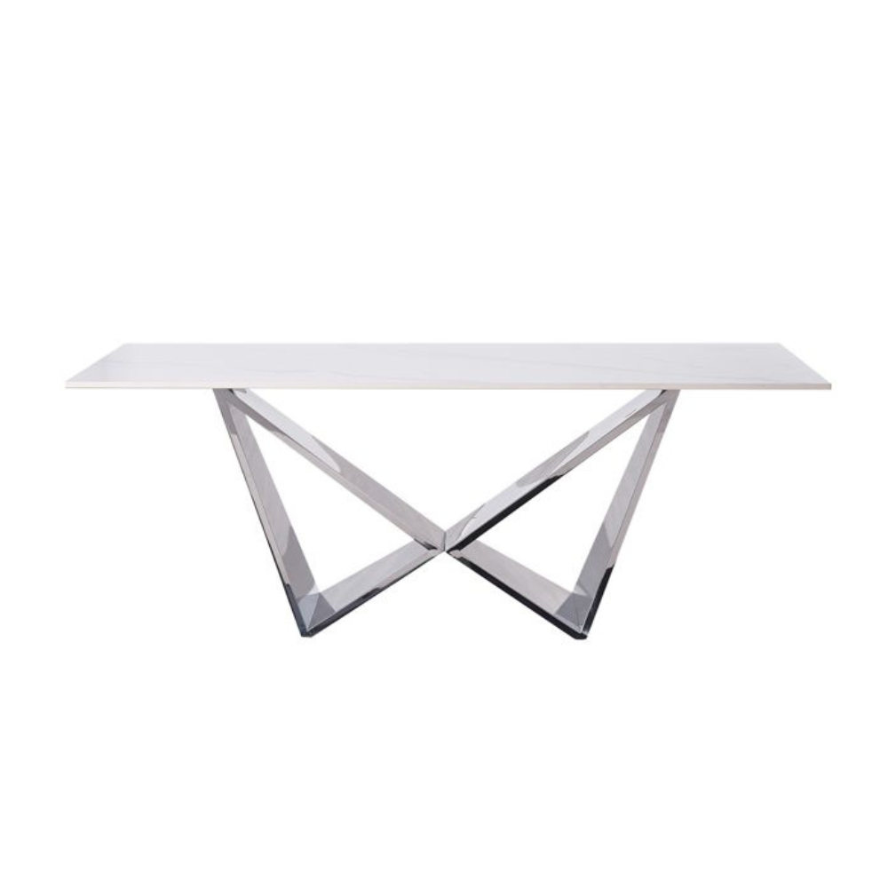 Design-Couchtisch CENTO Rechteckiger Wohnzimmertisch in Marmor-Optik mit geometrischem Edelstahl-Gestell (130 x 70 cm) Silber