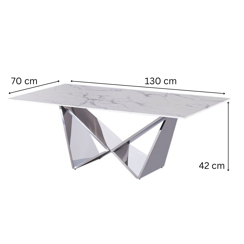 Design-Couchtisch CENTO Rechteckiger Wohnzimmertisch in Marmor-Optik mit geometrischem Edelstahl-Gestell (130 x 70 cm)