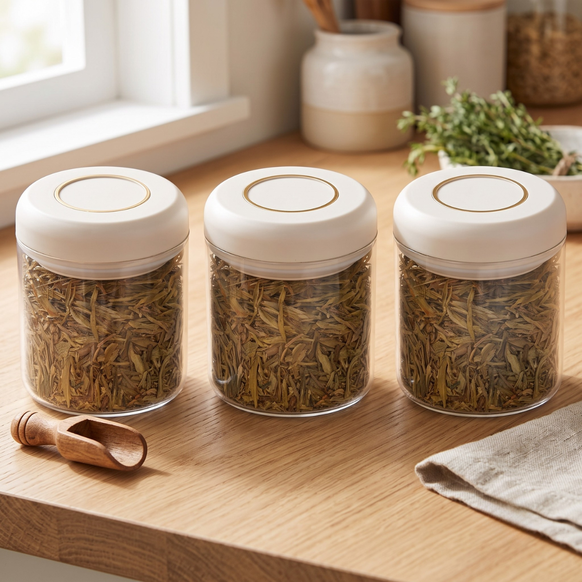 Vorratsgläser Set Kompaktes 3-teiliges Aufbewahrungs-Set mit luftdichtem Druck-Verschluss Beige 10 x 12 cm