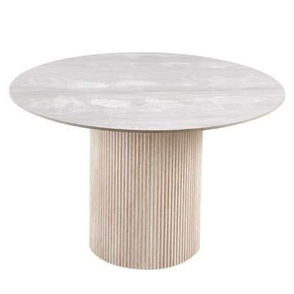 Esstisch LUNAR Runder Tisch mit geriffeltem Säulenfuß in Holzoptik und Tischplatte in Steinoptik 120 x 76 cm