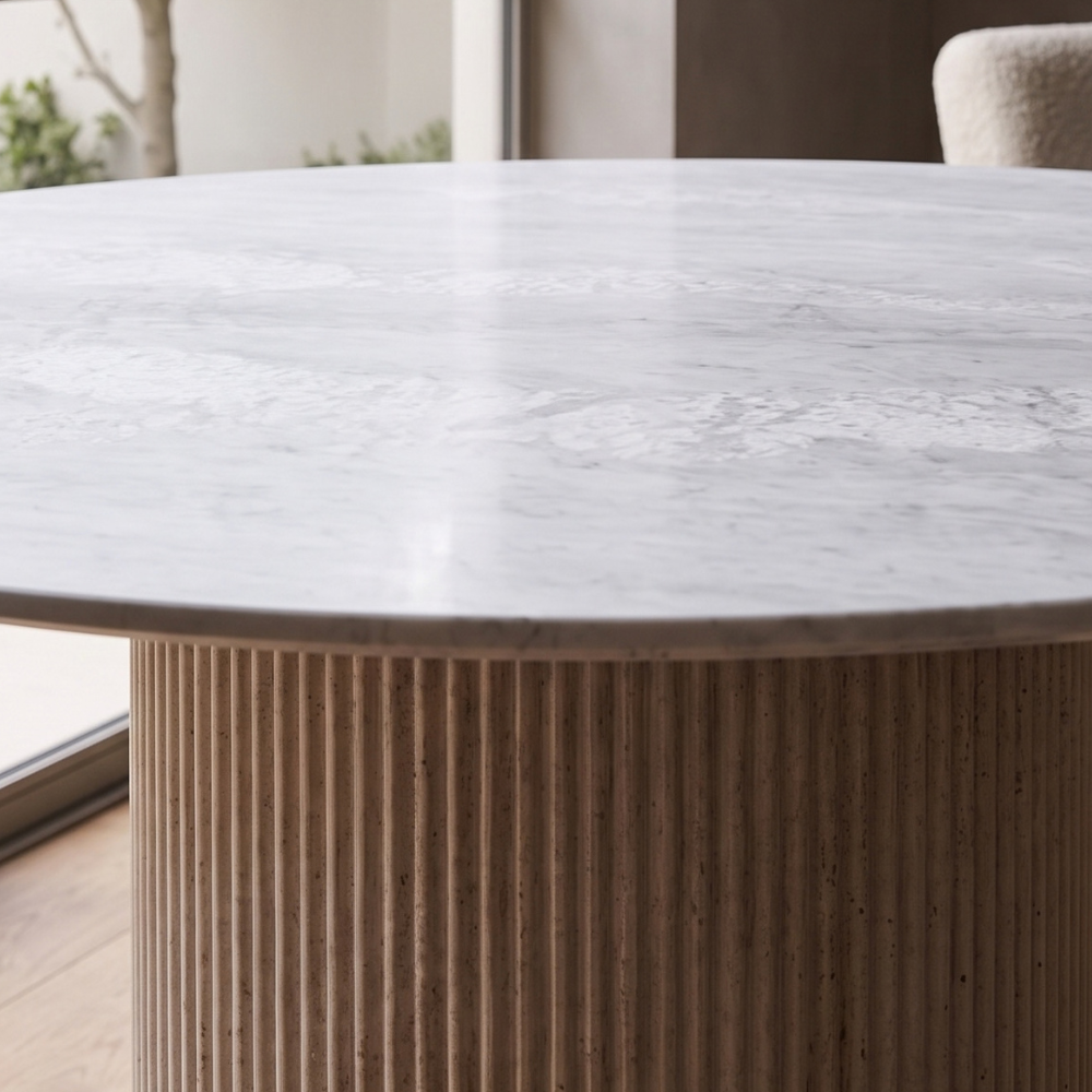Esstisch LUNAR Runder Tisch mit geriffeltem Säulenfuß in Holzoptik und Tischplatte in Steinoptik 120 x 76 cm