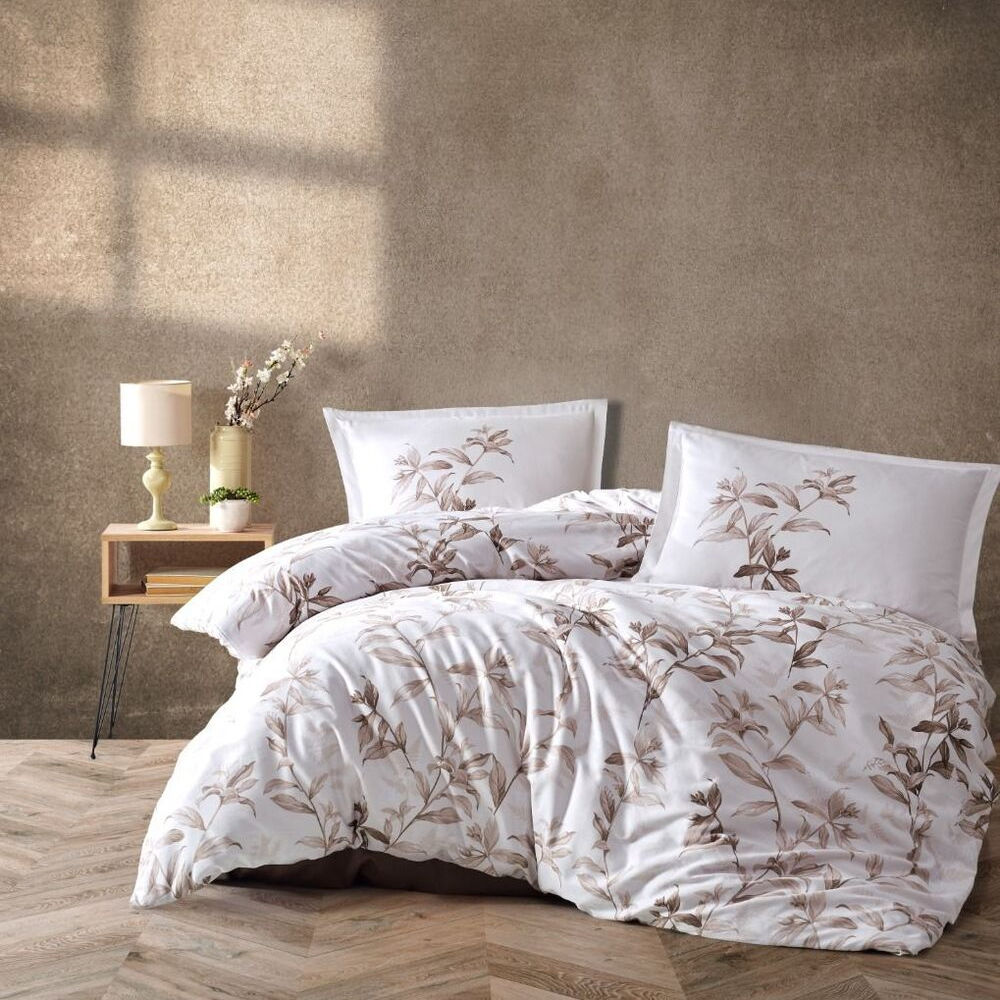 Bettwäsche-Set DEFNE 4-teiliges Ranforce-Baumwoll-Set mit floralem Blättermuster Weiß/Rosa, 200 x 220 cm