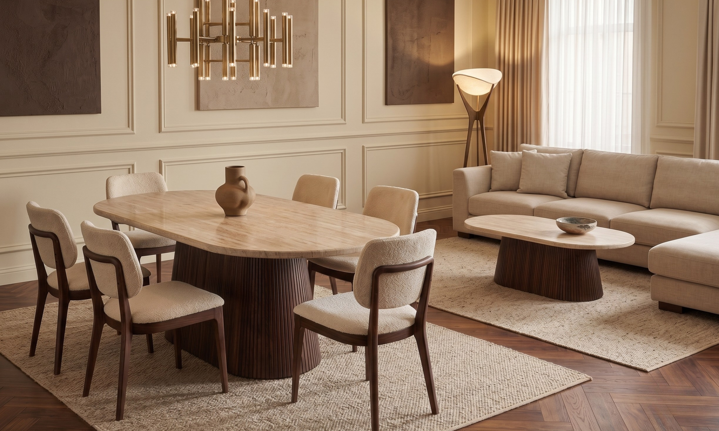 Esstisch & Couchtisch DERVIO Design Set im Säulenstil Travertin-Optik 200x100x75cm
