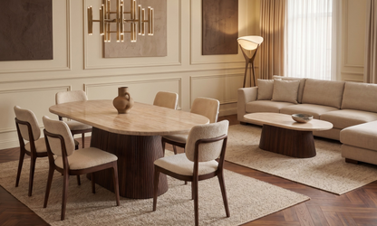 Esstisch & Couchtisch DERVIO Design Set im Säulenstil Travertin-Optik 200x100x75cm