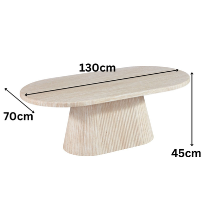 Couchtisch Desio Travertin Tischplatte mit edlem Tischbein im Säulenstil 130cm beige
