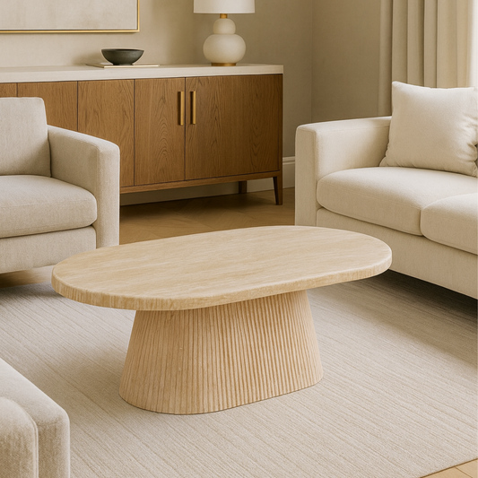 Couchtisch Desio Travertin Tischplatte mit edlem Tischbein im Säulenstil 130cm beige