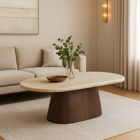 Couchtisch Desio Travertin Tischplatte mit edlem Tischbein im Säulenstil 130cm braun