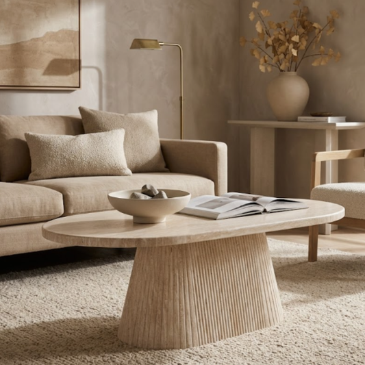 Couchtisch Dervio Travertin Tischplatte mit edlem Tischbein im Säulenstil 130cm beige