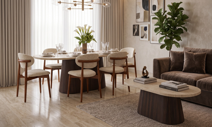 Esstisch & Couchtisch DERVIO Design Set im Säulenstil Travertin-Optik 200x100x75cm