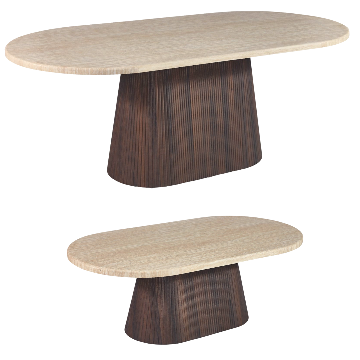 Esstisch & Couchtisch DERVIO Design Set im Säulenstil Travertin-Optik 200x100x75cm