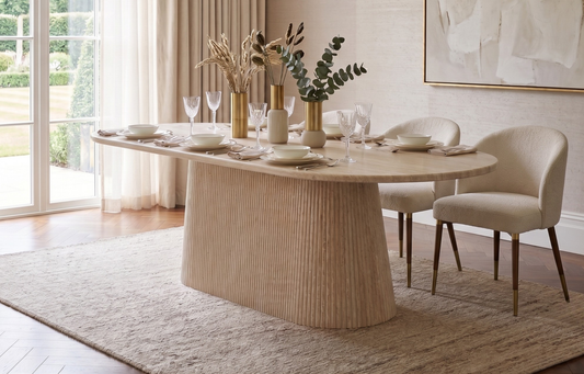 Esstisch Dervio massive Travertin Tischplatte edle Tischbeine im Säulenstil 200cm beige