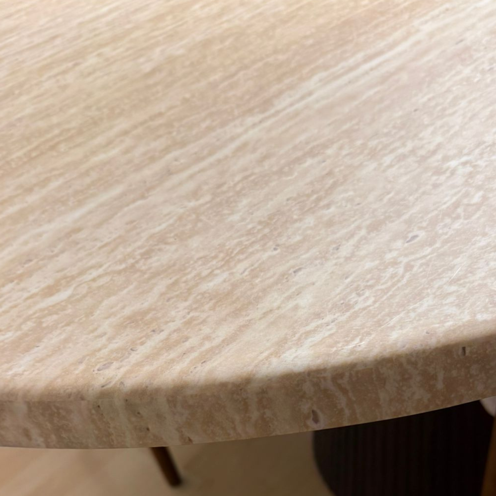 Moderne Esstisch Trivento mit ovaler Travertin-Tischplatte edle Tischbeine im Säulenstil 200 X 100 X 75 cm beige