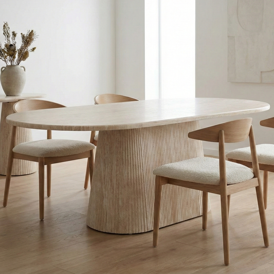 Esstisch Dervio massive Travertin Tischplatte edle Tischbeine im Säulenstil 200cm beige