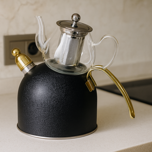 Teekanne  Djena Retro 2er Set Glaskanne 2,5 L Hitzebeständig Schwarz