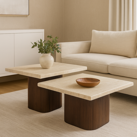 Couchtisch Dossena Travertin Tischplatte mit edlen Tischbeinen im Säulenstil 90cm braun