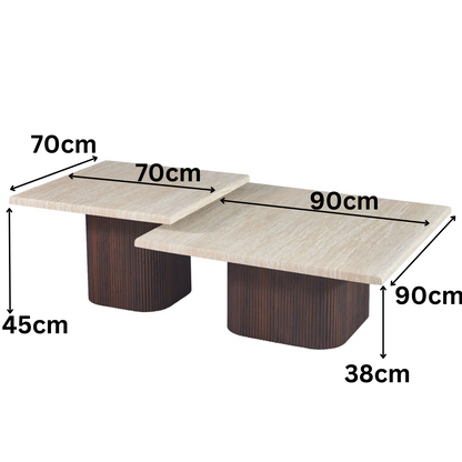 Couchtisch Dossena Travertin Tischplatte mit edlen Tischbeinen im Säulenstil 90cm braun
