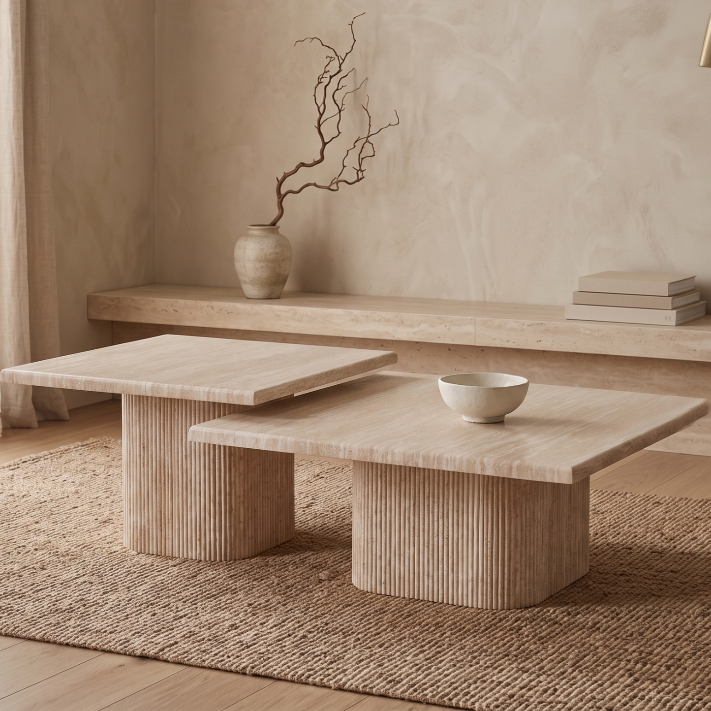 Couchtisch Alviano Travertin Tischplatte mit edlen Tischbeinen im Säulenstil 90cm beige