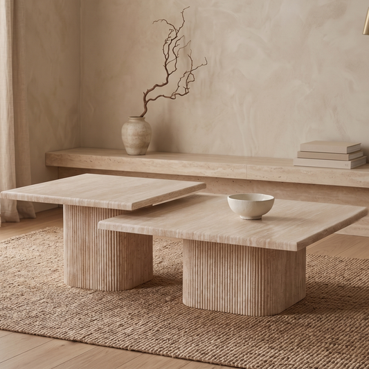 Couchtisch Alviano Travertin Tischplatte mit edlen Tischbeinen im Säulenstil 90cm beige