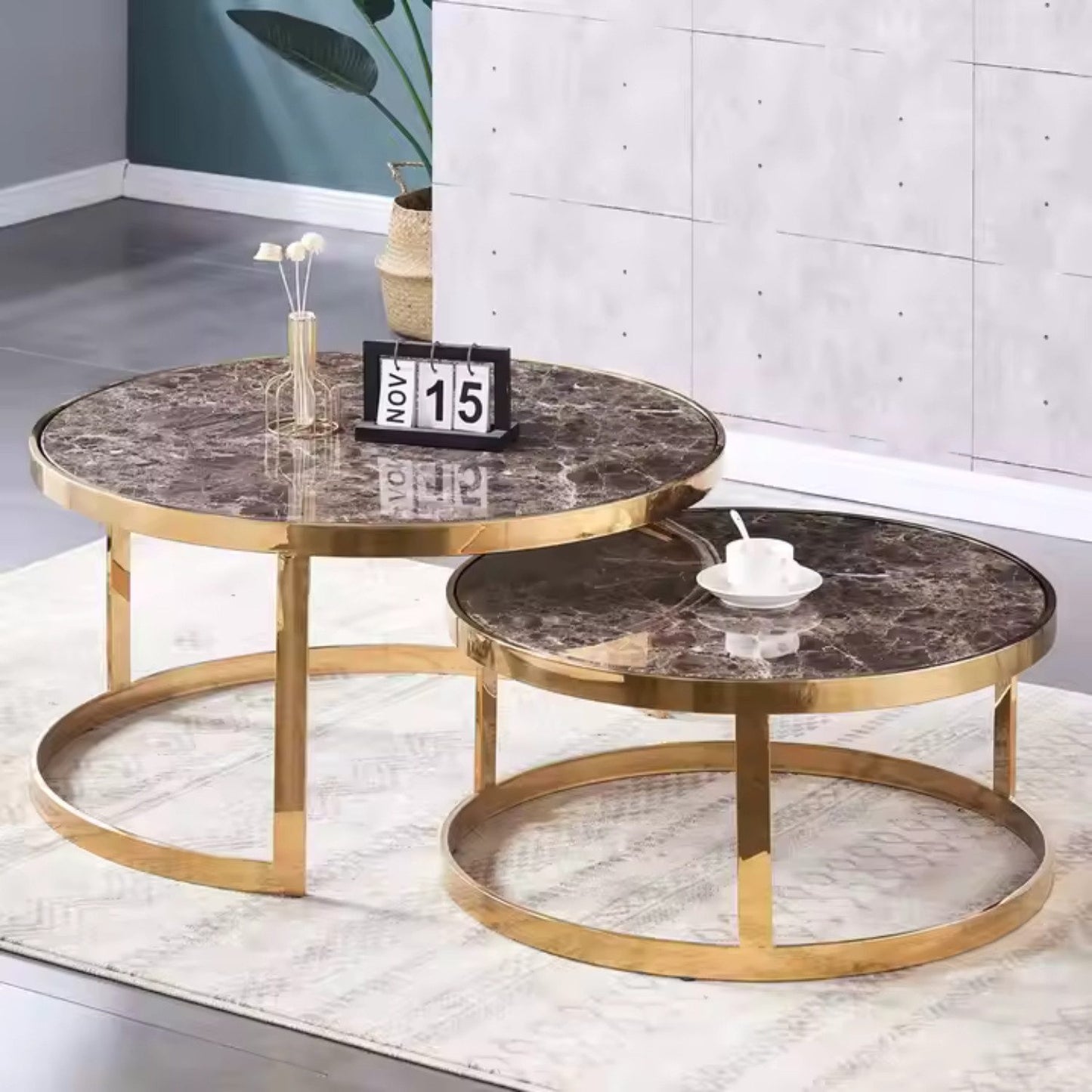 Beistelltisch Couchtisch 2er Set Marmorplatte in weiß/schwarz mit Edelstahlbeinen
