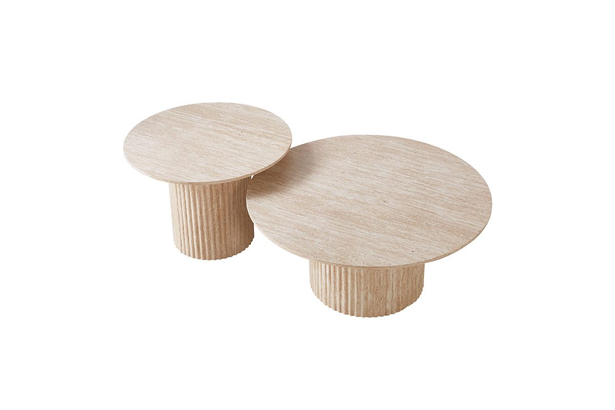 Couchtisch Set Premium TIVOLI in edler Travertin-Optik geriffelte Säulenbeinen  Ø 80x36cm, Ø 60x42cm