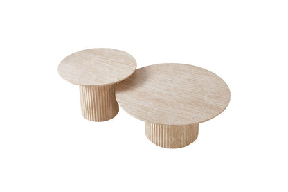 Couchtisch Set Premium TIVOLI in edler Travertin-Optik geriffelte Säulenbeinen  Ø 80x36cm, Ø 60x42cm