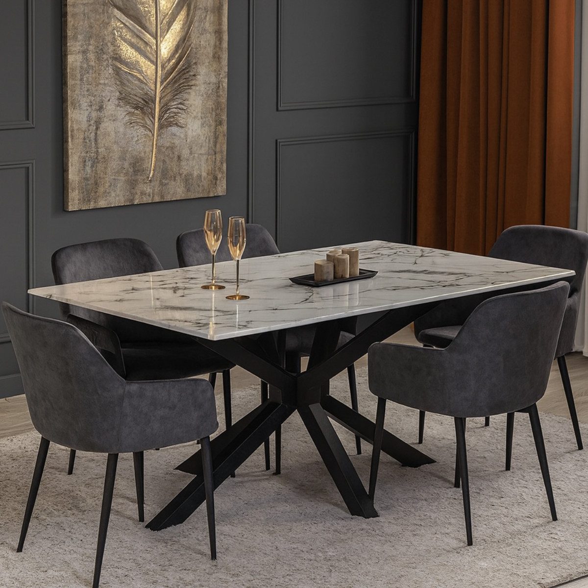 Esstisch Terni mit edlen Edelstahlbeinen Glas/Marmoroptik Tischplatte 180cm