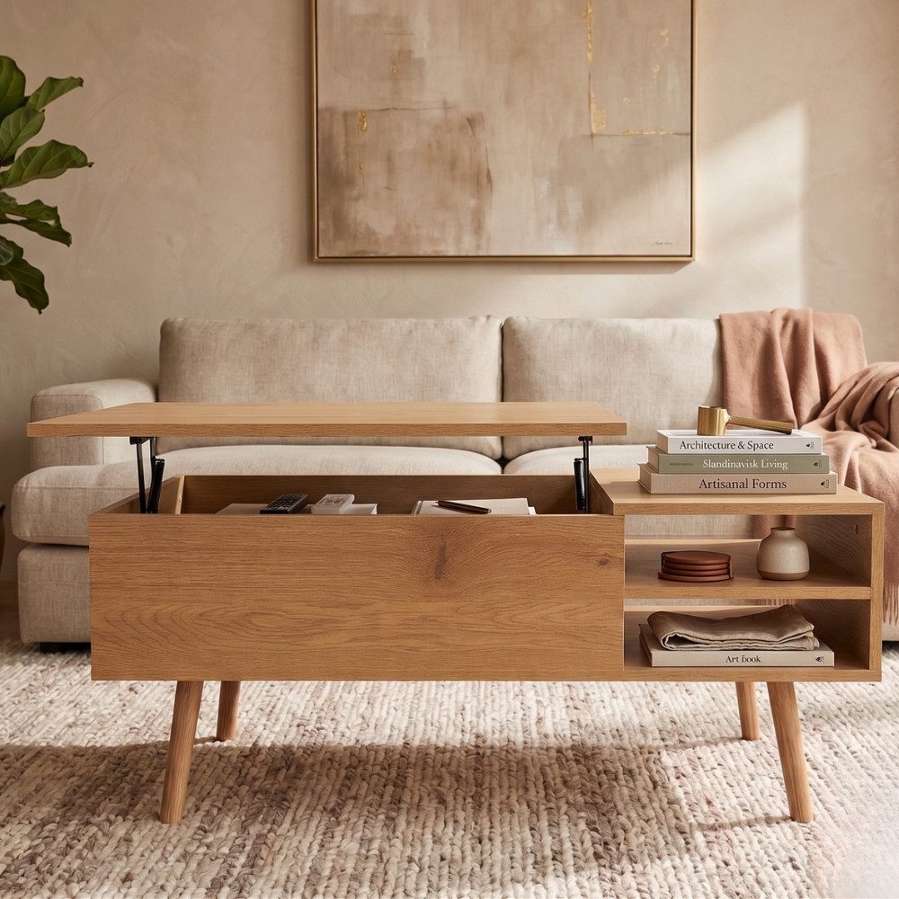 Couchtisch MALMÖ mit Lift-Top Funktion & verstecktem Stauraum, 100x50 cm hellbraun