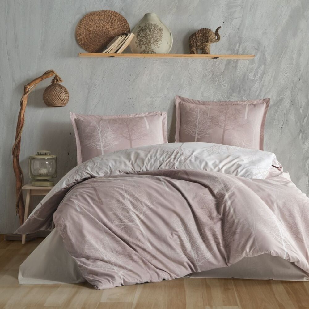 Bettwäsche-Set ELYA 4-teiliges Ranforce-Baumwoll-Set mit filigranem Baummotiv Rosa, 200 x 220 cm
