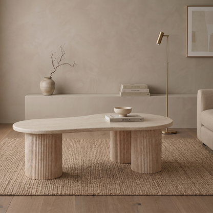 Couchtisch Lucano mit massiver Travertin Tischplatte und Tischbeinen in Säulenstil 140cm beige