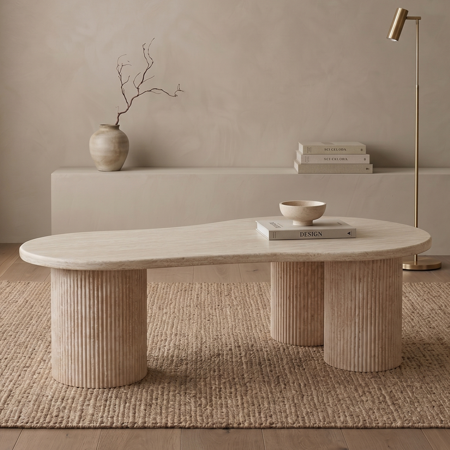 Couchtisch Lucano mit massiver Travertin Tischplatte und Tischbeinen in Säulenstil 140cm beige