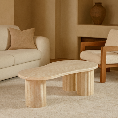 Couchtisch Fabro mit massiver Travertin Tischplatte und Tischbeinen in Säulenstil 140cm beige