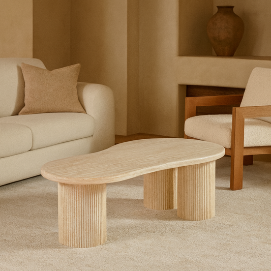 Couchtisch Fabro mit massiver Travertin Tischplatte und Tischbeinen in Säulenstil 140cm beige