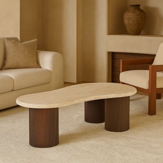 Couchtisch Fabro mit massiver Travertin Tischplatte und Tischbeinen in Säulenstil 140cm braun