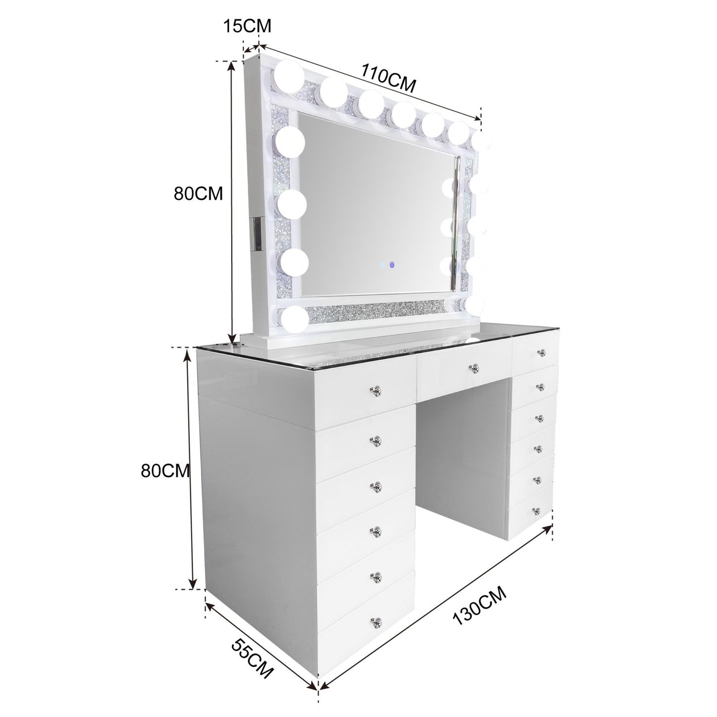 Schminktisch LUMINA VELVET inkl. Spiegel mit LED-Beleuchtung Weiß