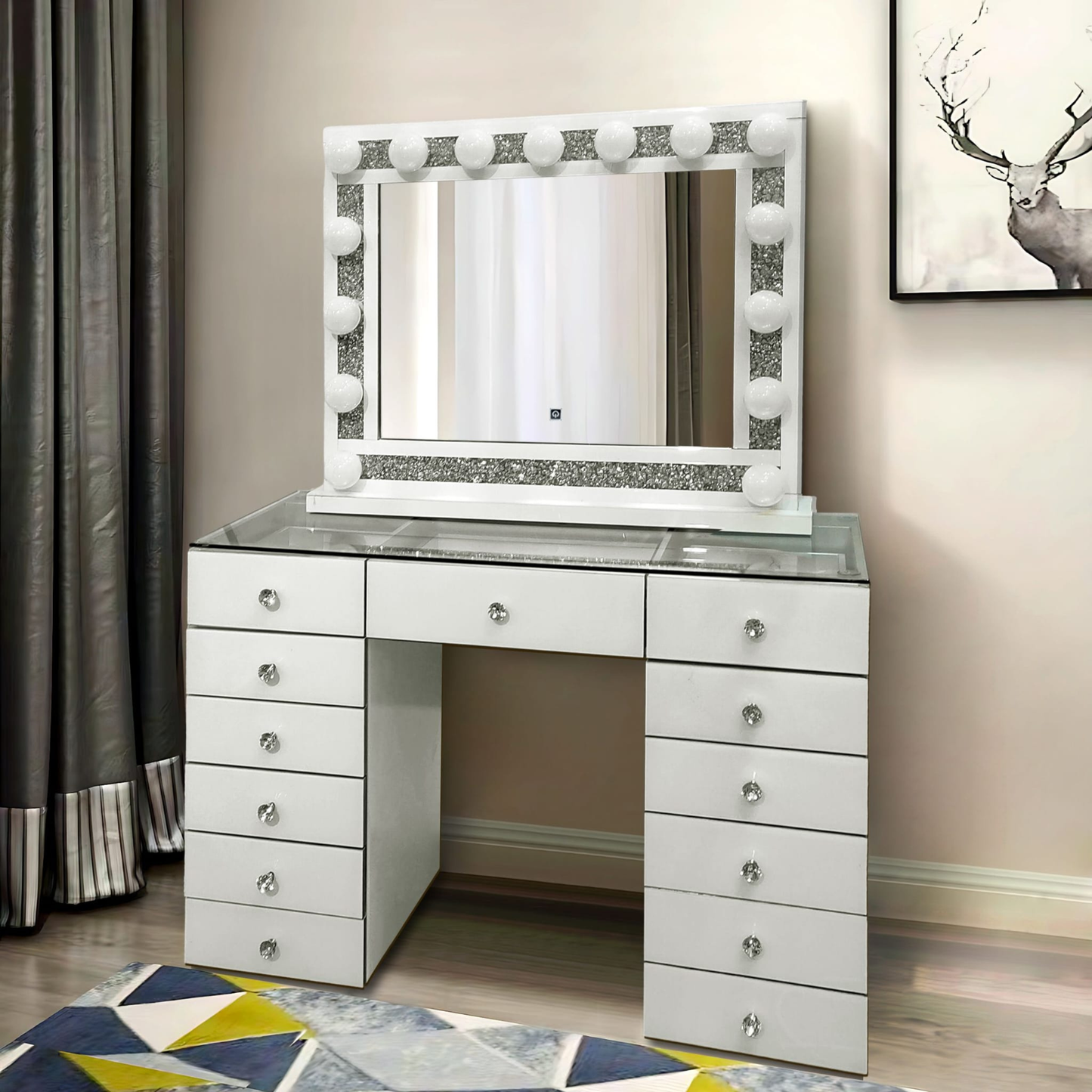 Schminktisch LUMINA VELVET inkl. Spiegel mit LED-Beleuchtung Weiß