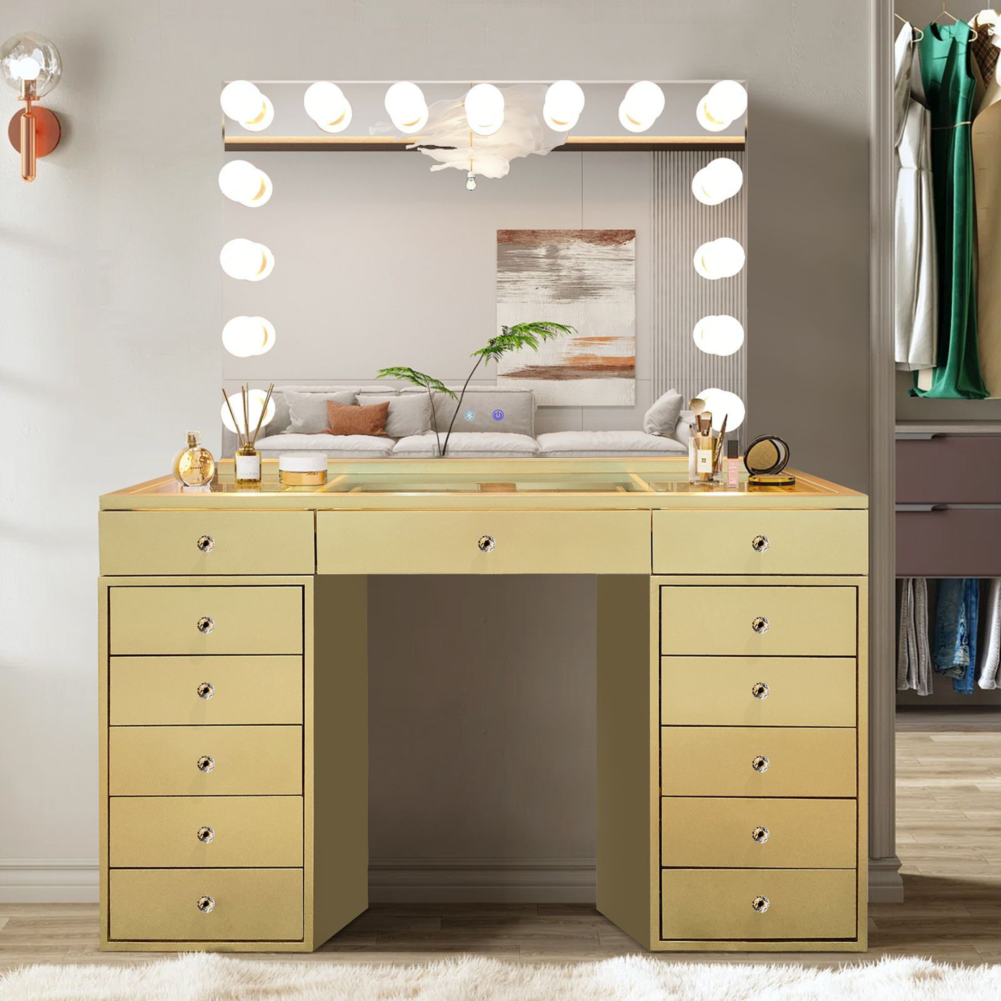 Schminktisch LUMINA VELVET inkl. Spiegel mit LED-Beleuchtung Gold