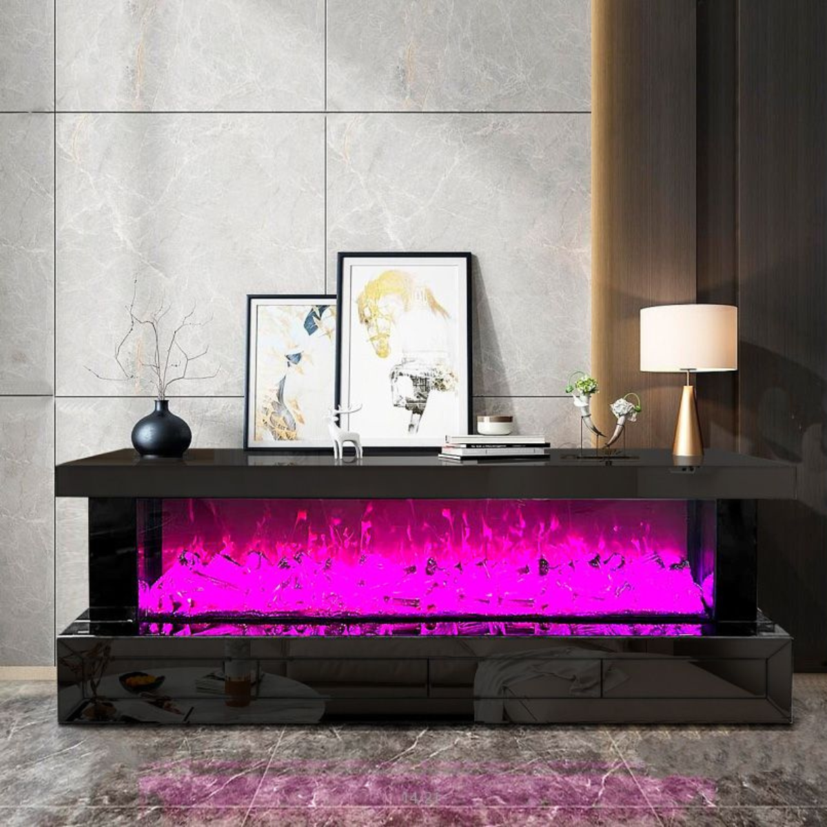 TV-Schrank Luxus Sideboard Lumina Kamin Funktion LED 180cm Schwarz