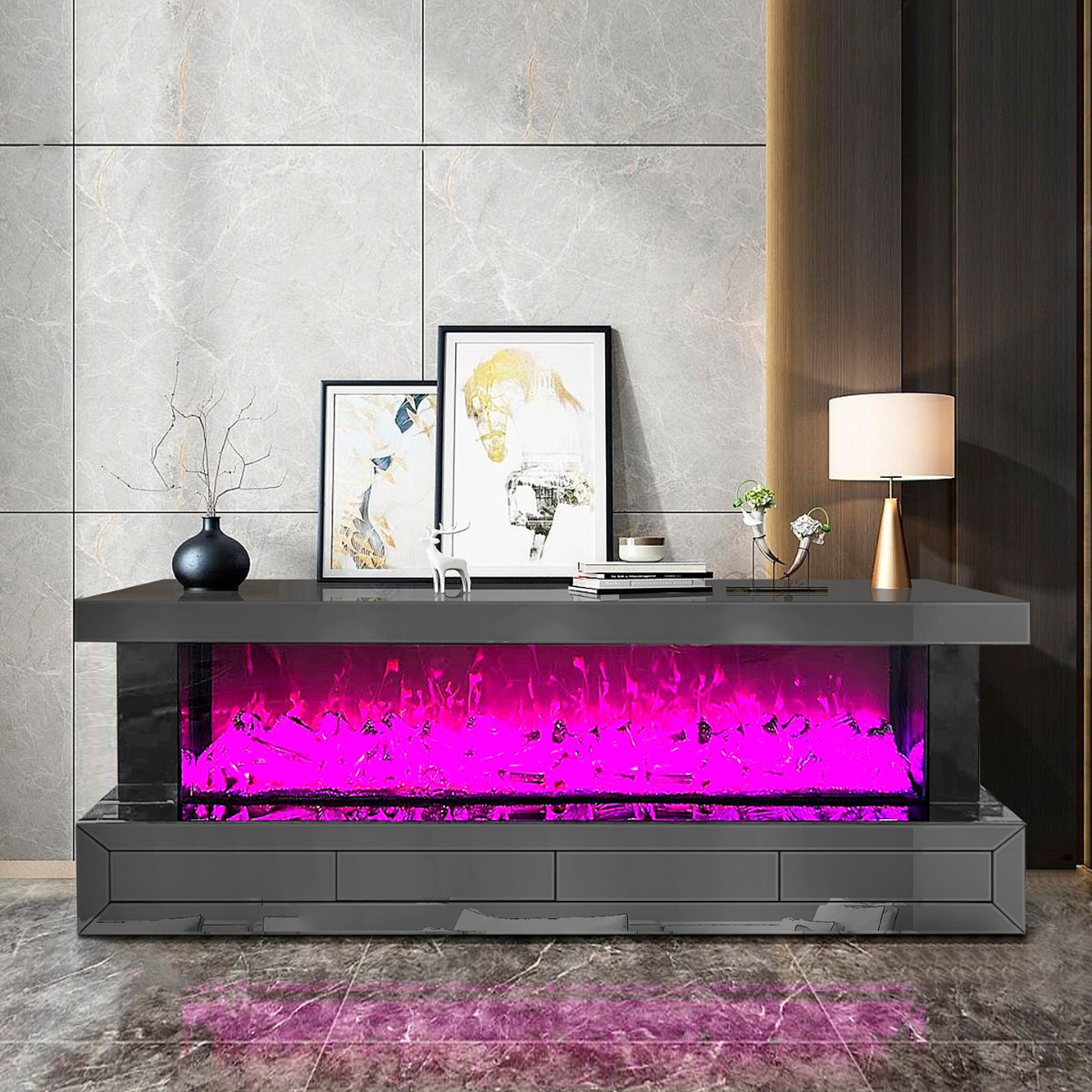 TV-Schrank Luxus Sideboard Lumina Kamin Funktion LED 180cm Grau