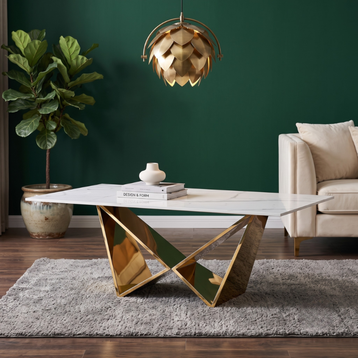 Design-Couchtisch CENTO Rechteckiger Wohnzimmertisch in Marmor-Optik mit geometrischem Edelstahl-Gestell (130 x 70 cm) Gold
