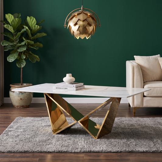 Design-Couchtisch CENTO Rechteckiger Wohnzimmertisch in Marmor-Optik mit geometrischem Edelstahl-Gestell (130 x 70 cm) Gold