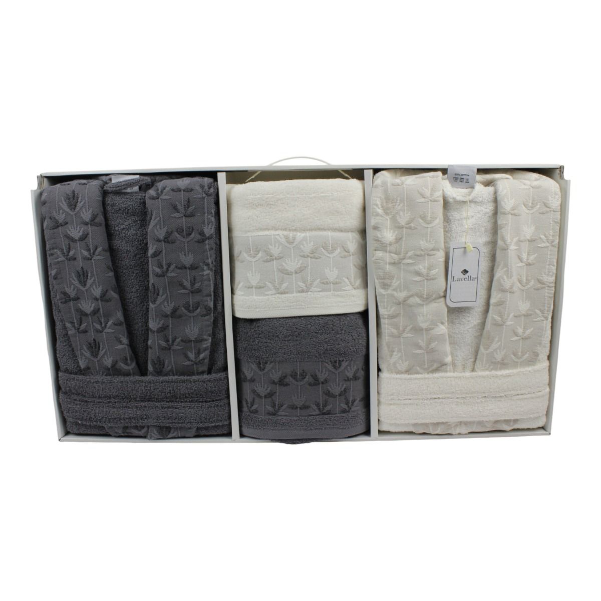 Bademantel - Wellness Set Sibel 6-teiliges Luxus Set aus Baumwolle Hellgrau-Creme
