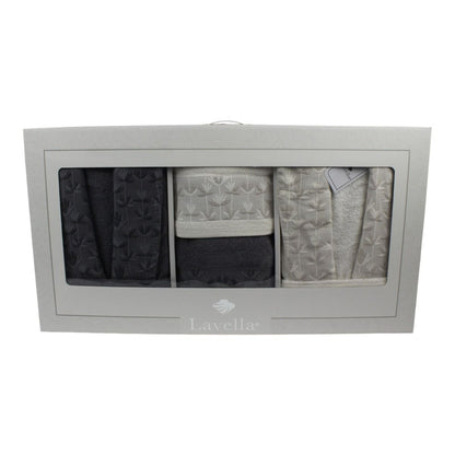 Bademantel - Wellness Set Sibel 6-teiliges Luxus Set aus Baumwolle Hellgrau-Creme